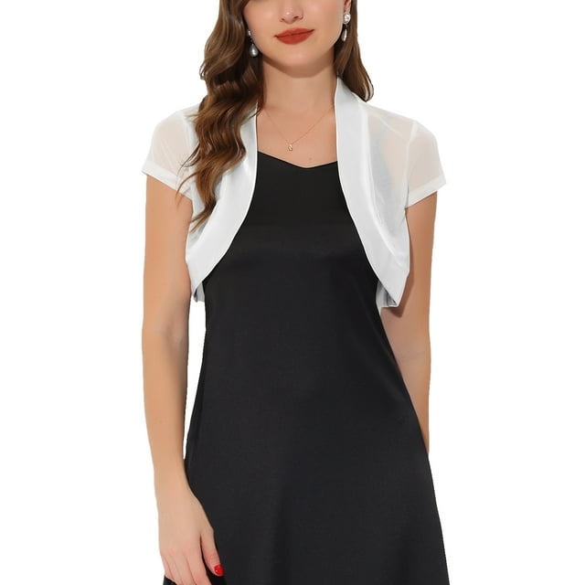 INSPIRE CHIC Boléro Court en Satin pour Femme à Manches Cap, Cardigan Court en Maille de Bureau, TP, Blanc