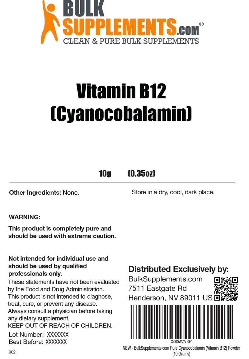 BulkSupplements Pure Vitamin B12 Powder - as Cyanocobalamin - 10 Grams (0.4 oz)