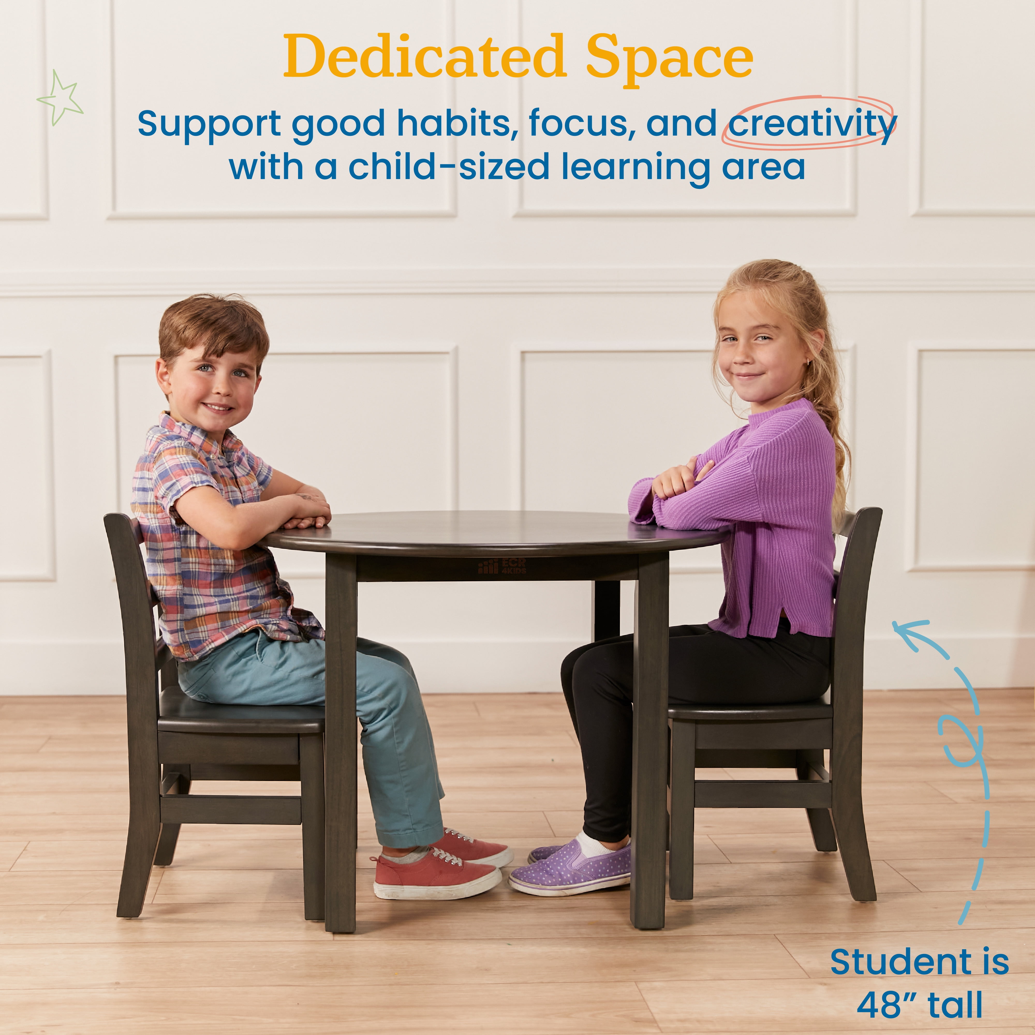 ECR4Kids 30in Round Hardwood Table and Chairs, 12in Seat, Kids Furniture, Grey Wash, 3-Piece
