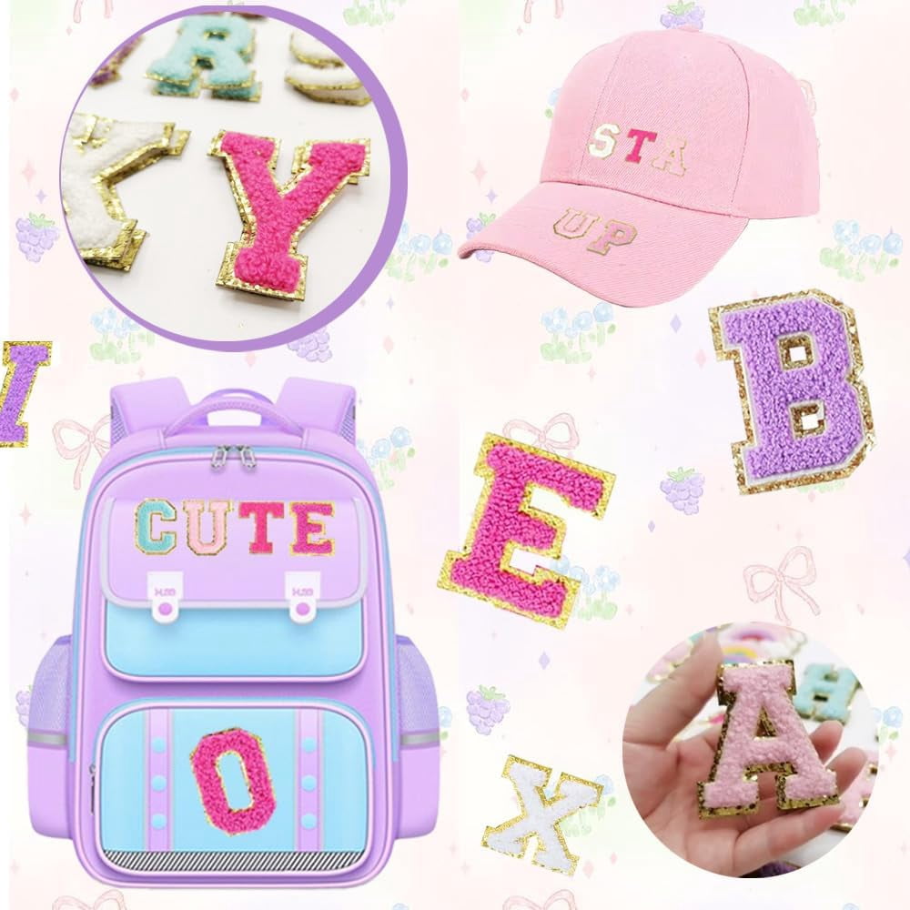 52Pcs Self Adhesive Chenille Patches for DIY Clothing, A-Z Alphabet Applique Patches Stick on Letters Glitter Chenille Patches Sticker for Clothing, Makeup Hats, Bags, Backpacks, laptops