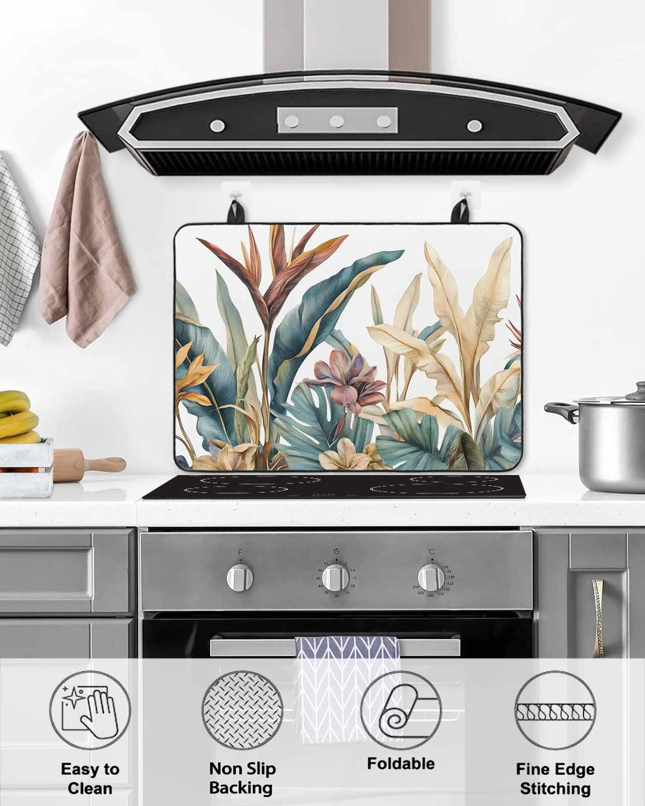 nqOlkjepod Large Induction Cooktop Protector Mat 24"x21", Vintage Tropical Leaves Stove Top Covers for Electric Stove, Summer Rustic Floral Decorative Stove Burner Cover Mats, Glass Top Stove Cover