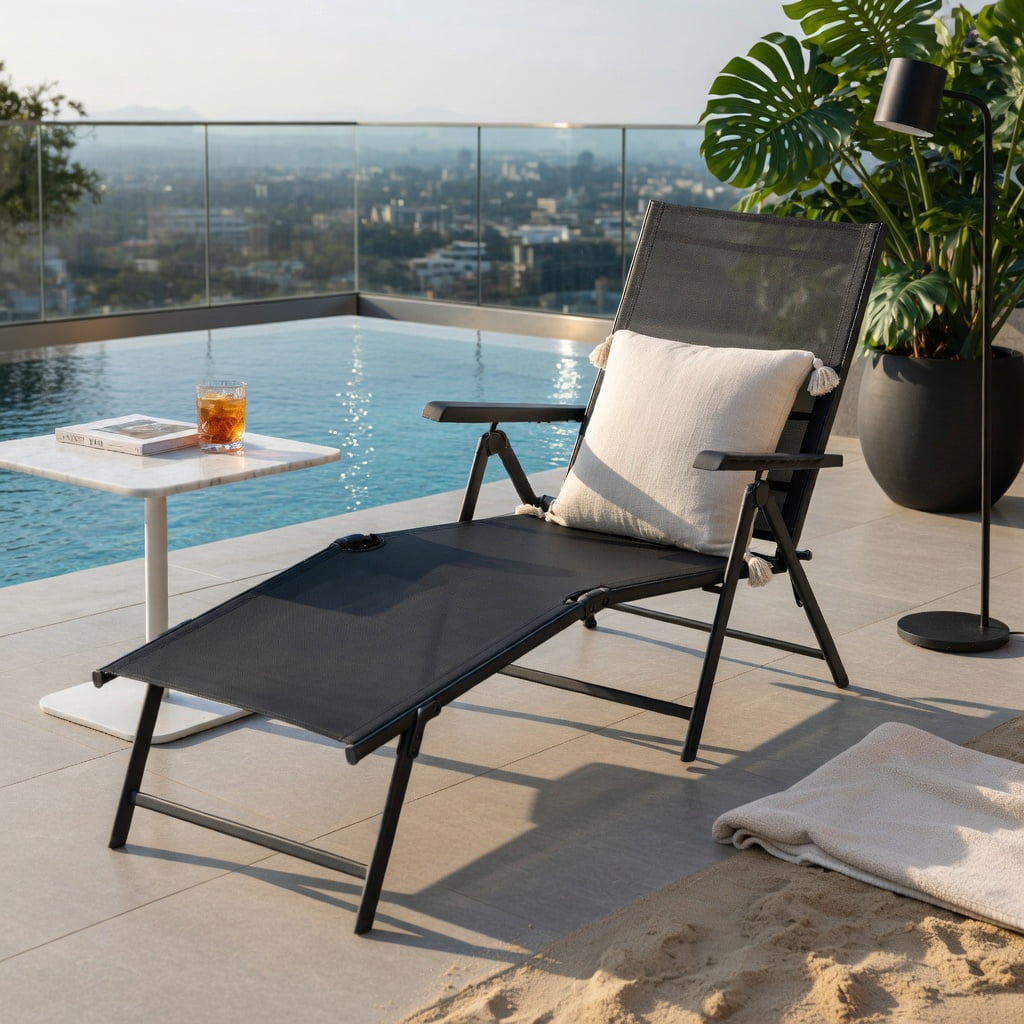 Hommoo 2-Pack Foldable Chaise Lounge Chair with 5-Position Reclining Backrest & 2-Position Adjustable Footrest, Heavy-Duty Steel Frame Patio Lounger for Poolside, Garden & Deck, Black