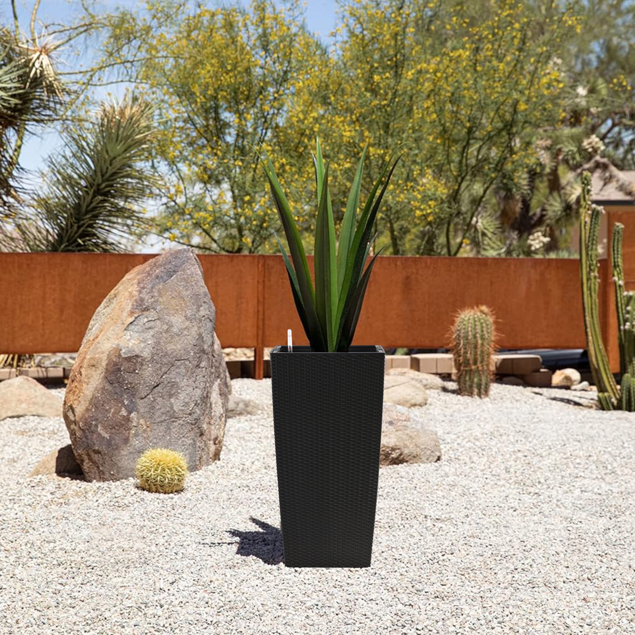 Noble House 30" Tall Self-Watering Planter, Large Indoor Outdoor Flower Pot with Water Level Monitor, Black