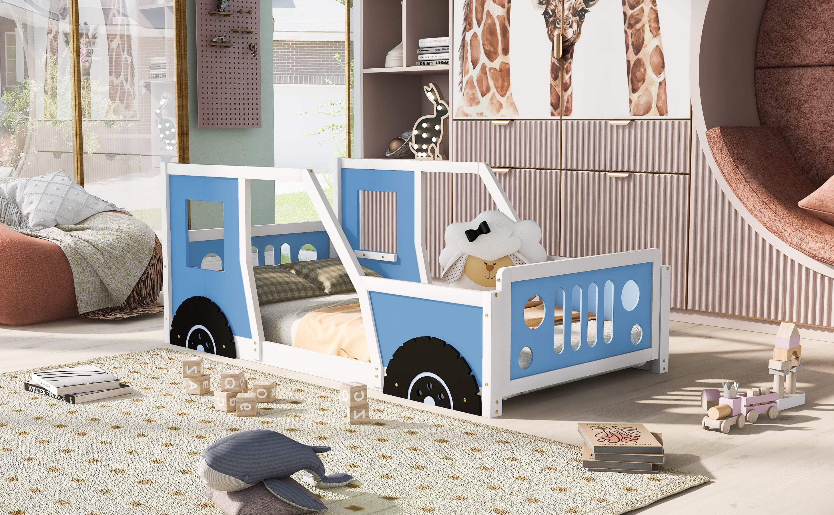 Harper & Bright Designs Twin Size Car-Shaped Platform Bed with Wheels, Wood Car-Bed Low Floor Bed Frame with Headboard and Footboard, White Blue