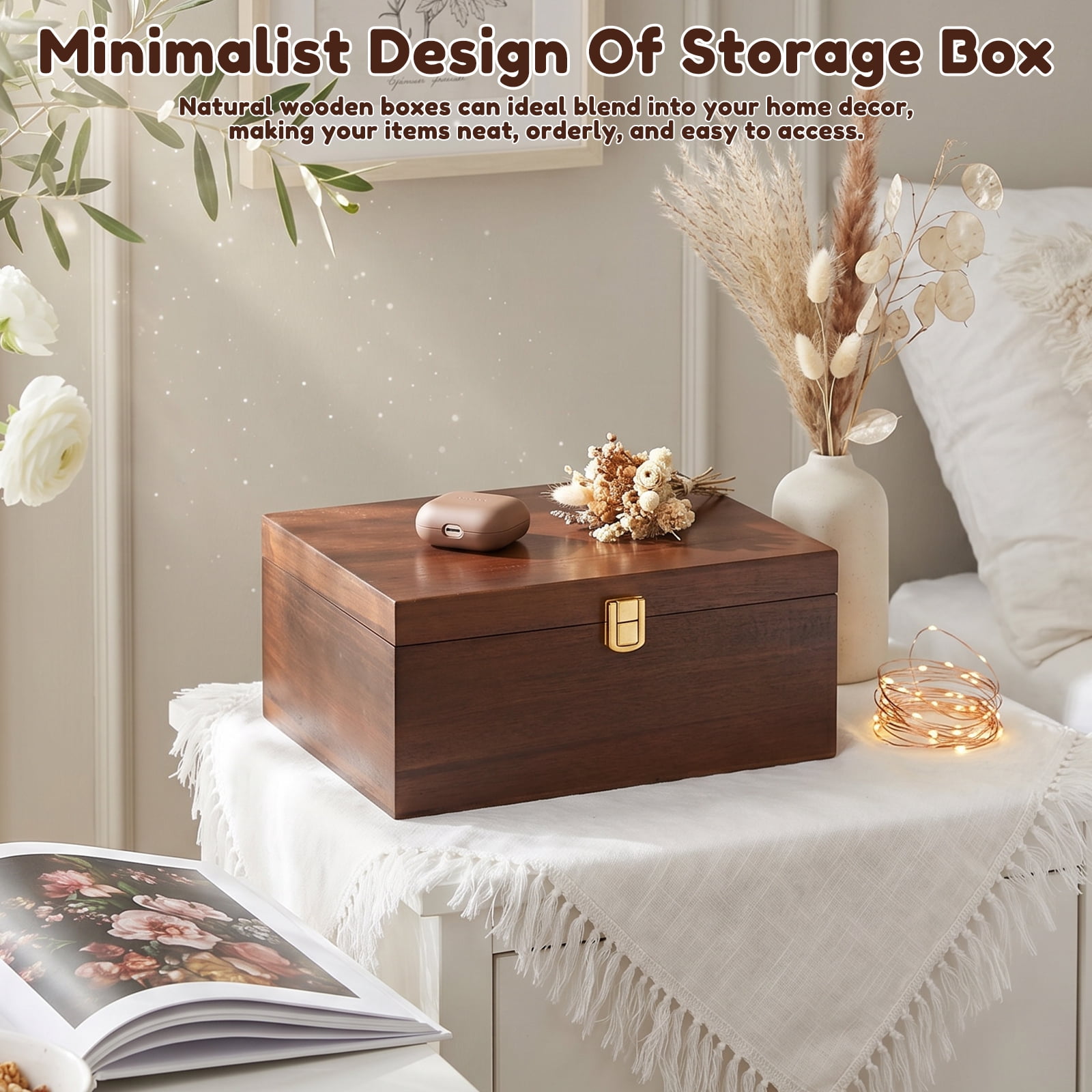Grusce Wood Storage Keepsake Box with Hinge Lid, Decorative Wooden Keepsake Chest Box, Large Acacia Memory Box, Jewelry Organizer Box for Crafts Sewing Keepsake Home Office and Photo Storage