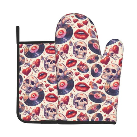 

Tebeau record rock Skull lips Print Oven Mitts and Pan Racks 2-Piece Set Kitchen Oven Mitts and Pan Racks Heat Resistant 500 °F for Baking and Cooking