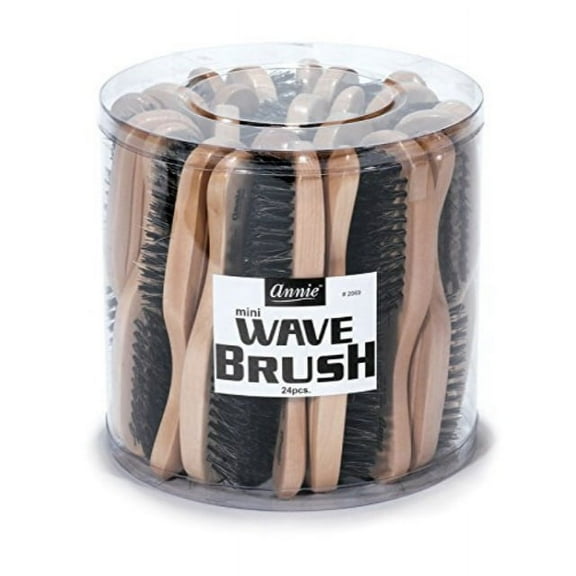 Annie - Mini Wave Brush Bulk - (24) Count - (100%) Boar Reinforced Bristles - Polished Wooden Handle - Best for Thick Hair
