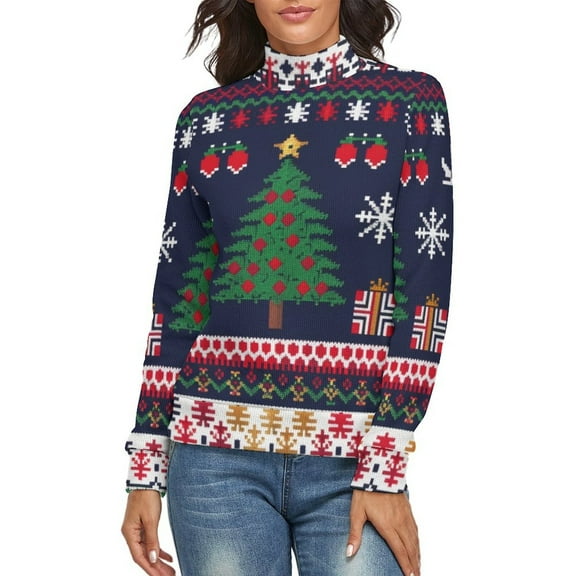 Knitted Christmas Deer Snow Women's Turtleneck Sweater Long Sleeve Ribbed Fitted Turtle Neck Casual Fall Winter Collection Top S