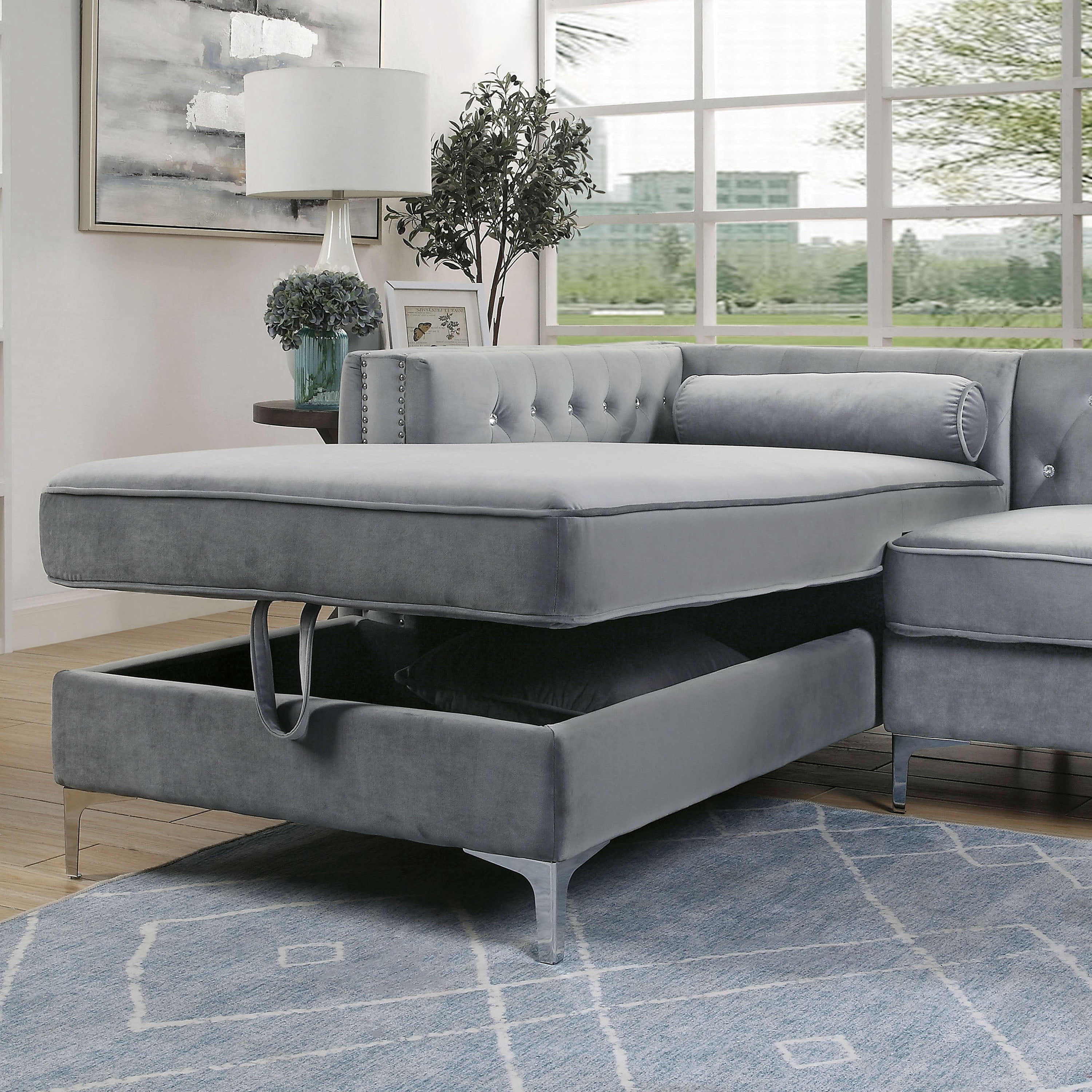 Furniture of America Tufted Fabric Glam Ginny Sectional, Gray