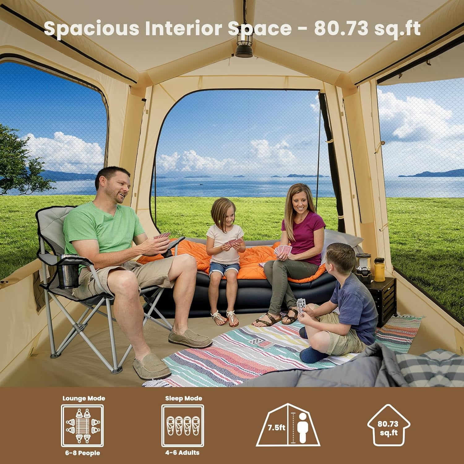 Slsy Inflatable Tent with Pump, Inflatable Tent for Camping 6~8 People Large Blow Up Air Tents House, Waterproof Luxury Glamping Tent with Mesh & Stove Jack