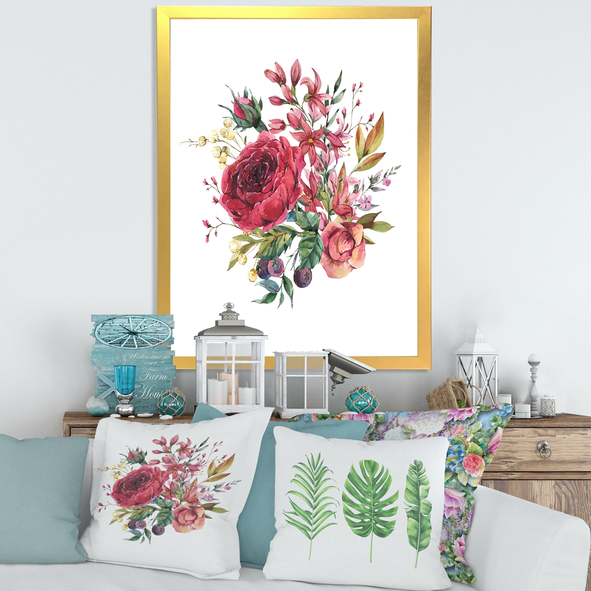 Designart 'Ancient Wildflowers and Burgundy Rose' Farmhouse Framed Art Print