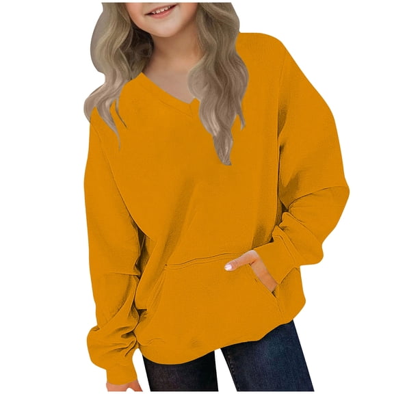 Khunlpohl Kid's Casual Sweatshirts V Neck Long Sleeve Loose Tops Solid Color Fall Winter Clothes with Pockets for Boys Girls