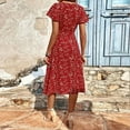 thumbnail image 4 of MORTTIC Women's Floral Print Square Neck Short Sleeve A-Line Midi with Button Detail Slit Boho Summer Dress Red，L, 4 of 5