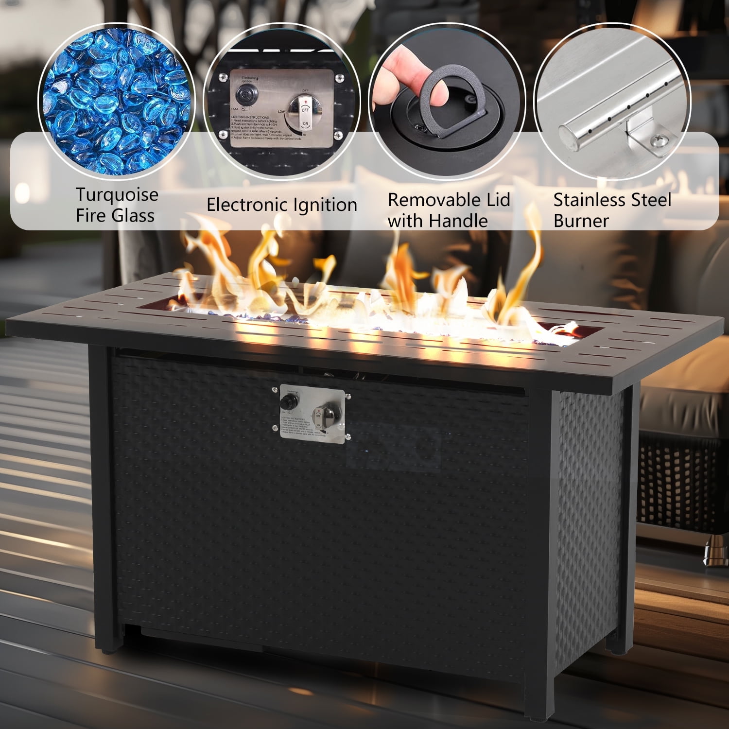 Propane Fire Pit, 45 Inch Gas Fire Pit Table with Lid, Glass Wind Guard, Waterproof Cover, Rectangle Gas Firepit Table, 50000 BTU for Garden, Patio, Deck, Yard