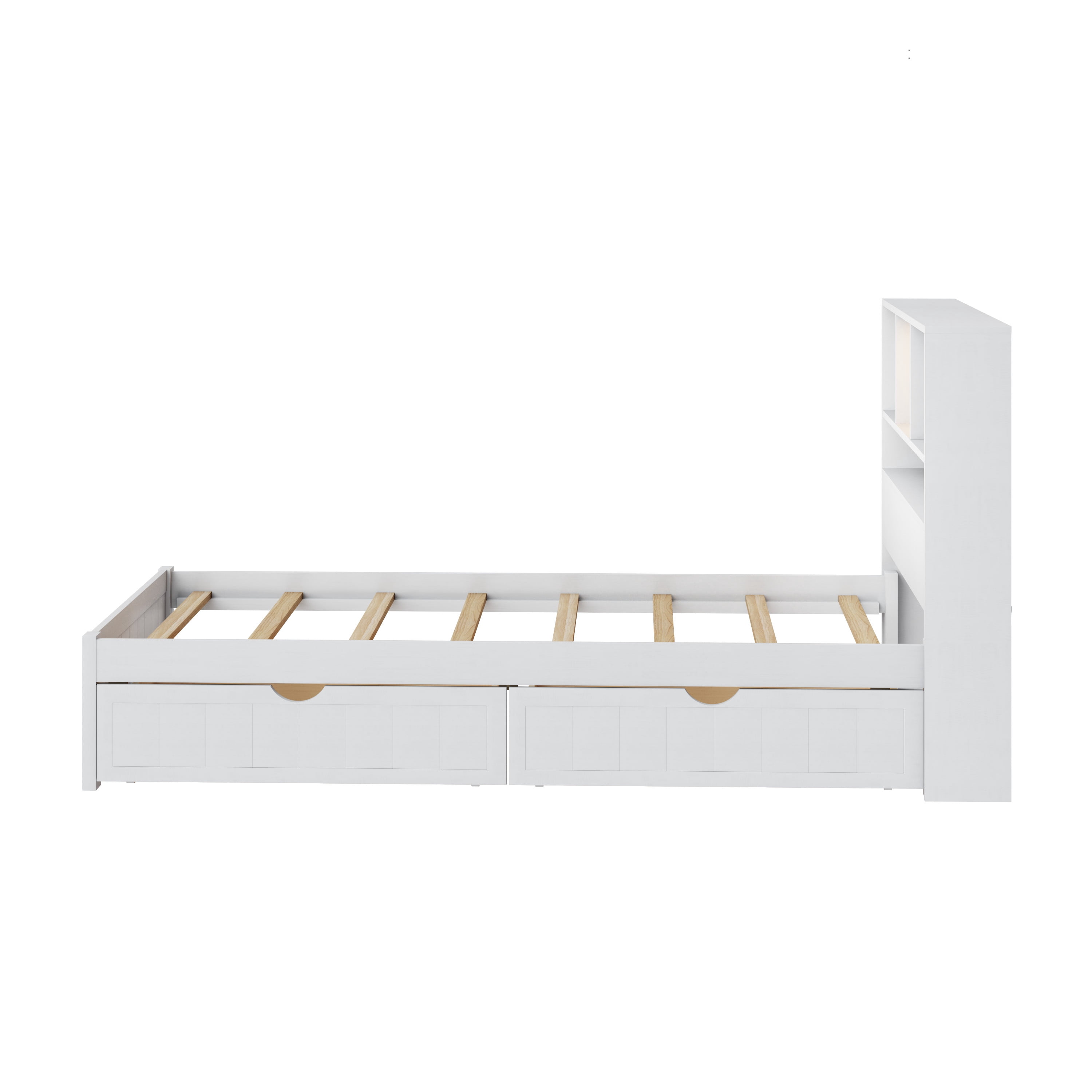 Euroco Wood Twin Size Platform Bed with Storage Headboard and Drawers, LED Light and USB Charging, White