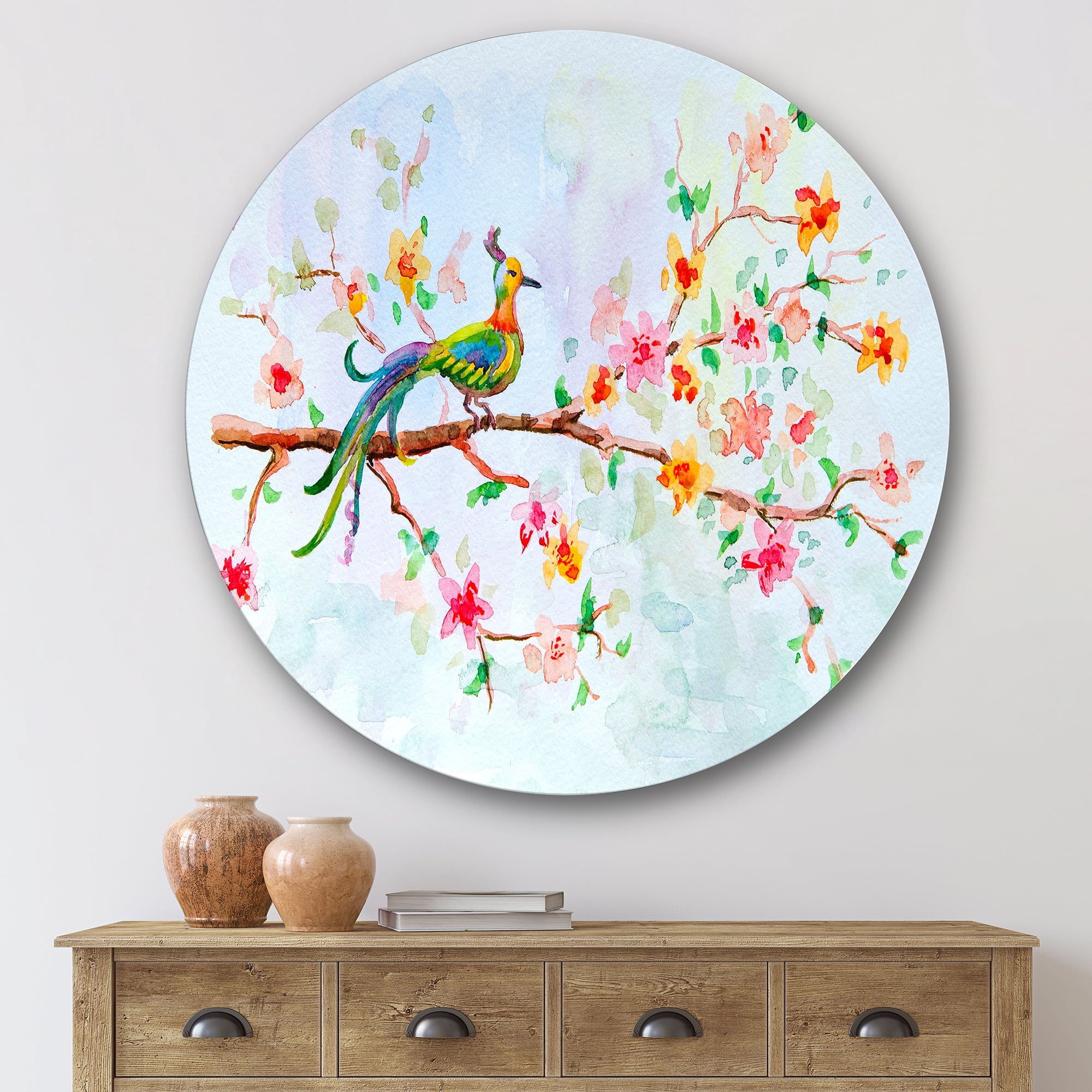 Designart 'Little Bird Sitting On Blooming Branch' Traditional Circle Metal Wall Art 36x36 - Disc of 36
