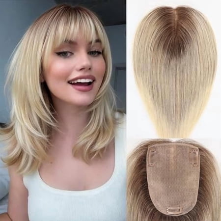 EMMOR Human Hair Topper for Women 12 Inch Real Hair Topper with 4x5.5 Inch Silk Base and 3 Non-Slip Clips Looking Hairpiece for Thinning Hair(Ombre Gray)