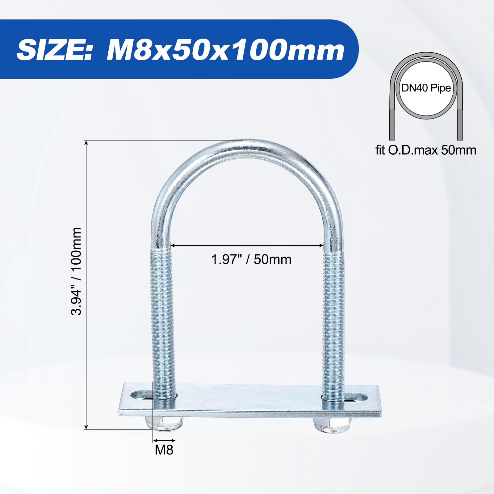 U Bolts 4Set (M8x50x100mm), Round U Bolt Kits DN40 Carbon Steel with Nylon Lock Nut Washers Plates - for Construction, Pipe, Trailer, Automotive, Leaf Spring Fastener