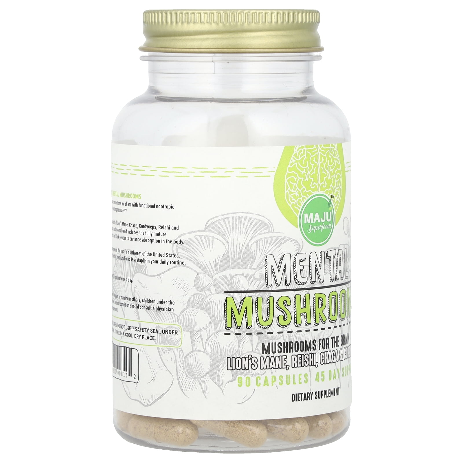 MAJU's Organic Mental Mushroom Capsules, 90 Count - Edible Extract Supplement w/ Lion's Mane, Cordyceps, Reishi & Chaga for Focus, Wellness & Immune Health