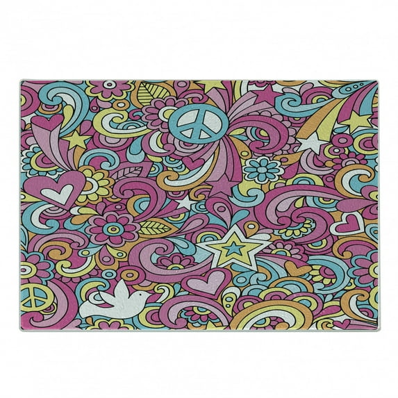 Groovy Cutting Board, Psychedelic Complex Funky Pastel Patterns with Stars Back to 60s Style Retro, Decorative Tempered Glass Cutting and Serving Board, Small Size, Multicolor, by Ambesonne