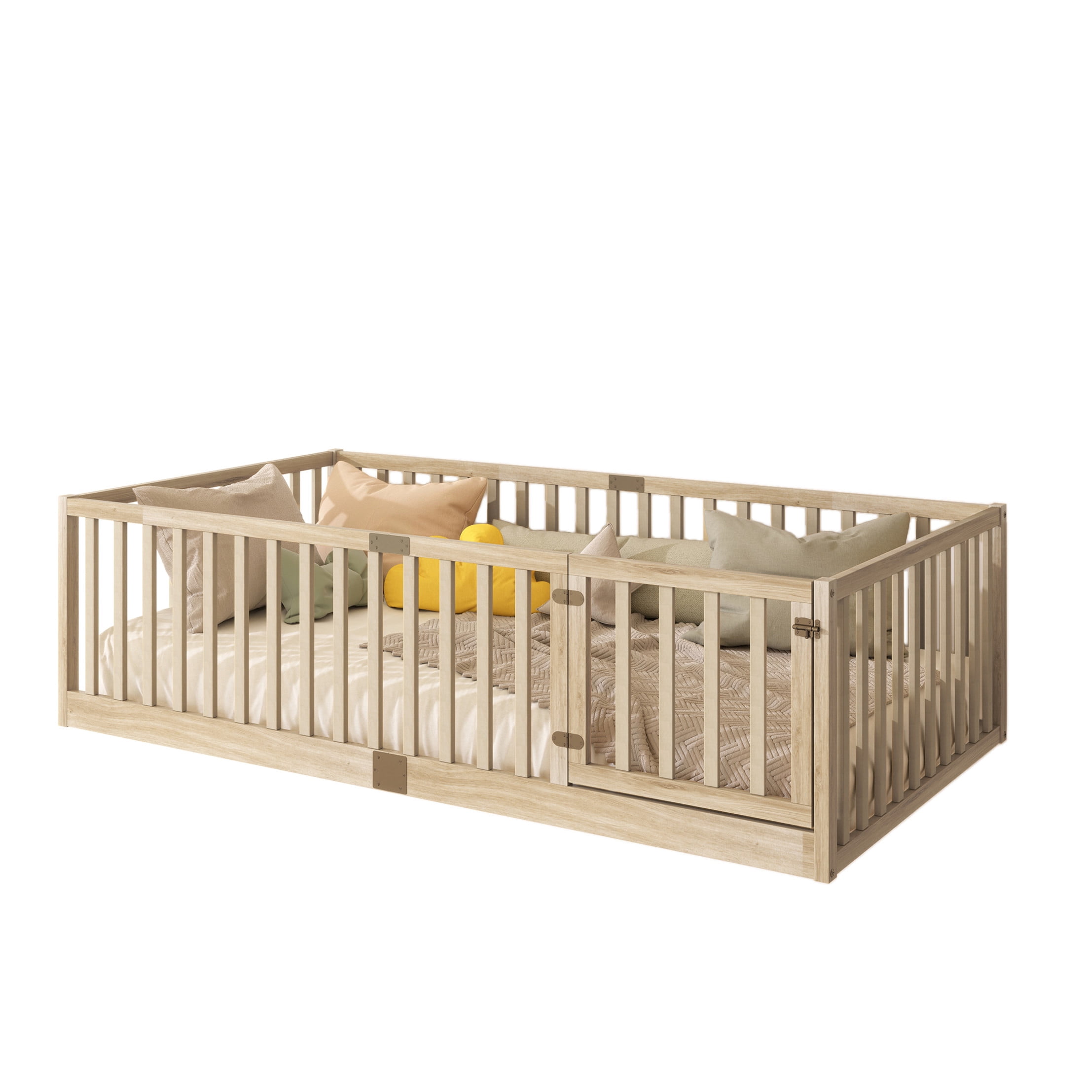 Noble House Nira Twin Floor Bed with High Fence and Door, Rubber Wood Montessori Bed Frame, Kids' Room, Natural