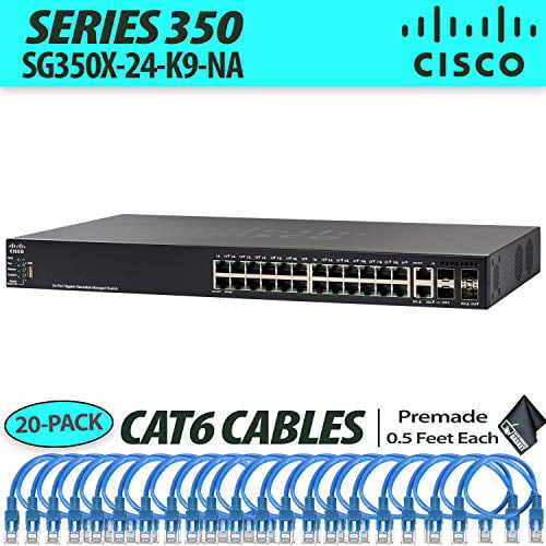 Cisco SG350X-24 24 Port Managed Layer 3 Switch + (20) .5 Foot CAT6 Cables +  1-Year Extended Warranty