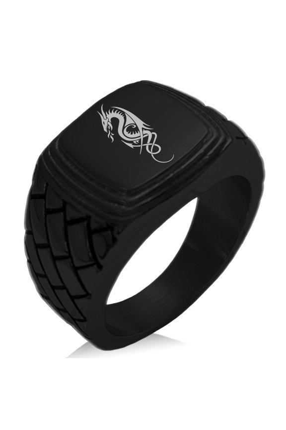 Stainless Steel Horned Dragon Geometric Pattern Step-Down Biker Style Polished Ring