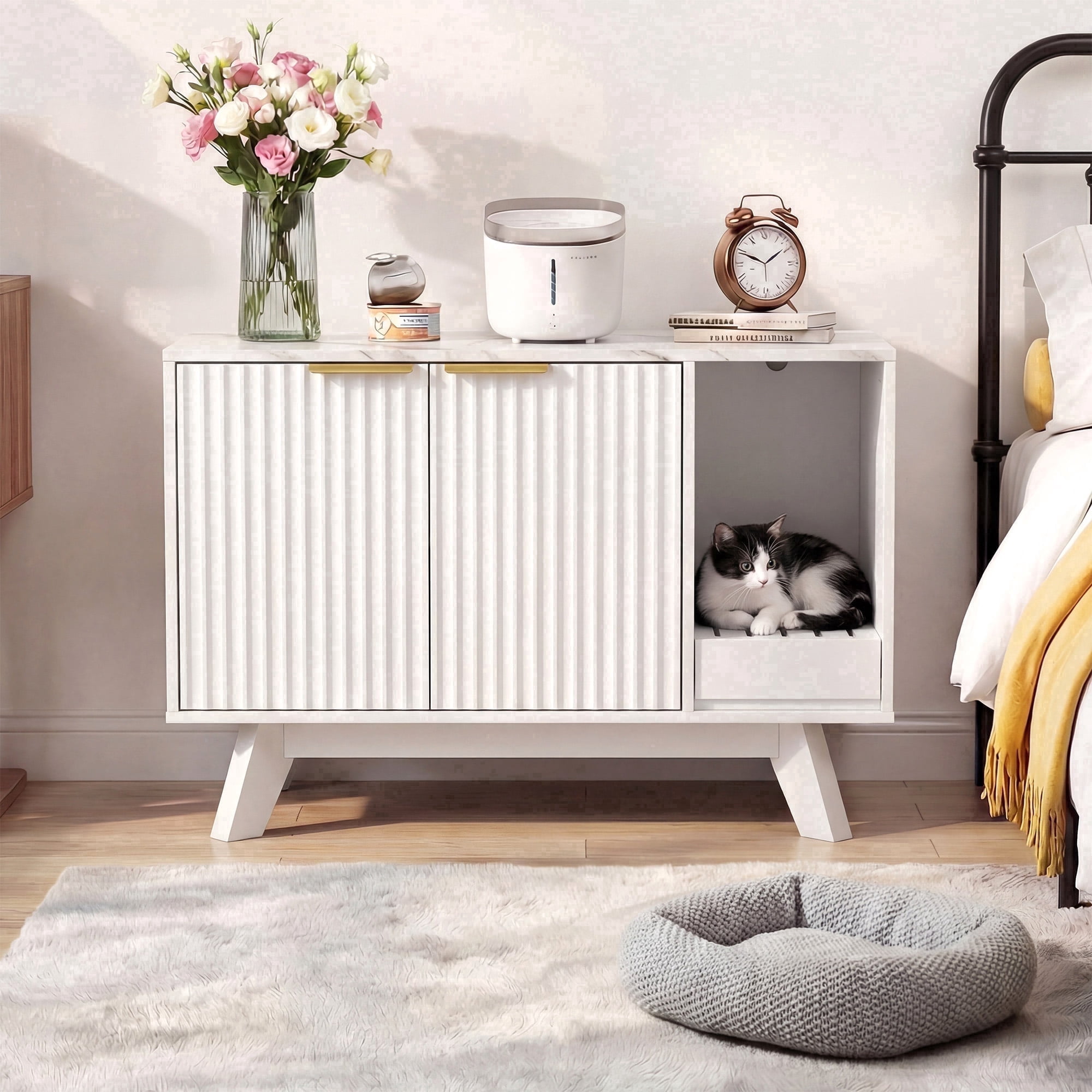 Innovar Modern Cat Litter Box Enclosure - 31.5" Hidden Cat Litter Box Furniture for 2 Cats, Indoors Cats Washroom Cabinet with Divider & Scratching Pad for Living Room Bedroom,White/Marble Top