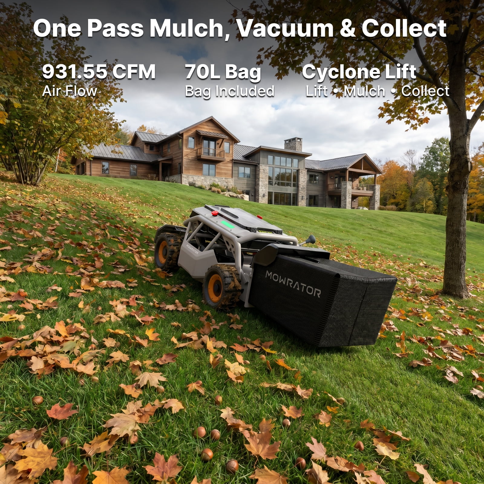 Mowrator S1 4WD 18Ah Remote Control Lawn Mower with Wide Wheels, All-Season Yard Care, 85% (40°) Slope Climbing, with Leaf Shredding Vacuum, 21" Width, 1.5–4.3" Cutting Height, Up to 1.12 Acres