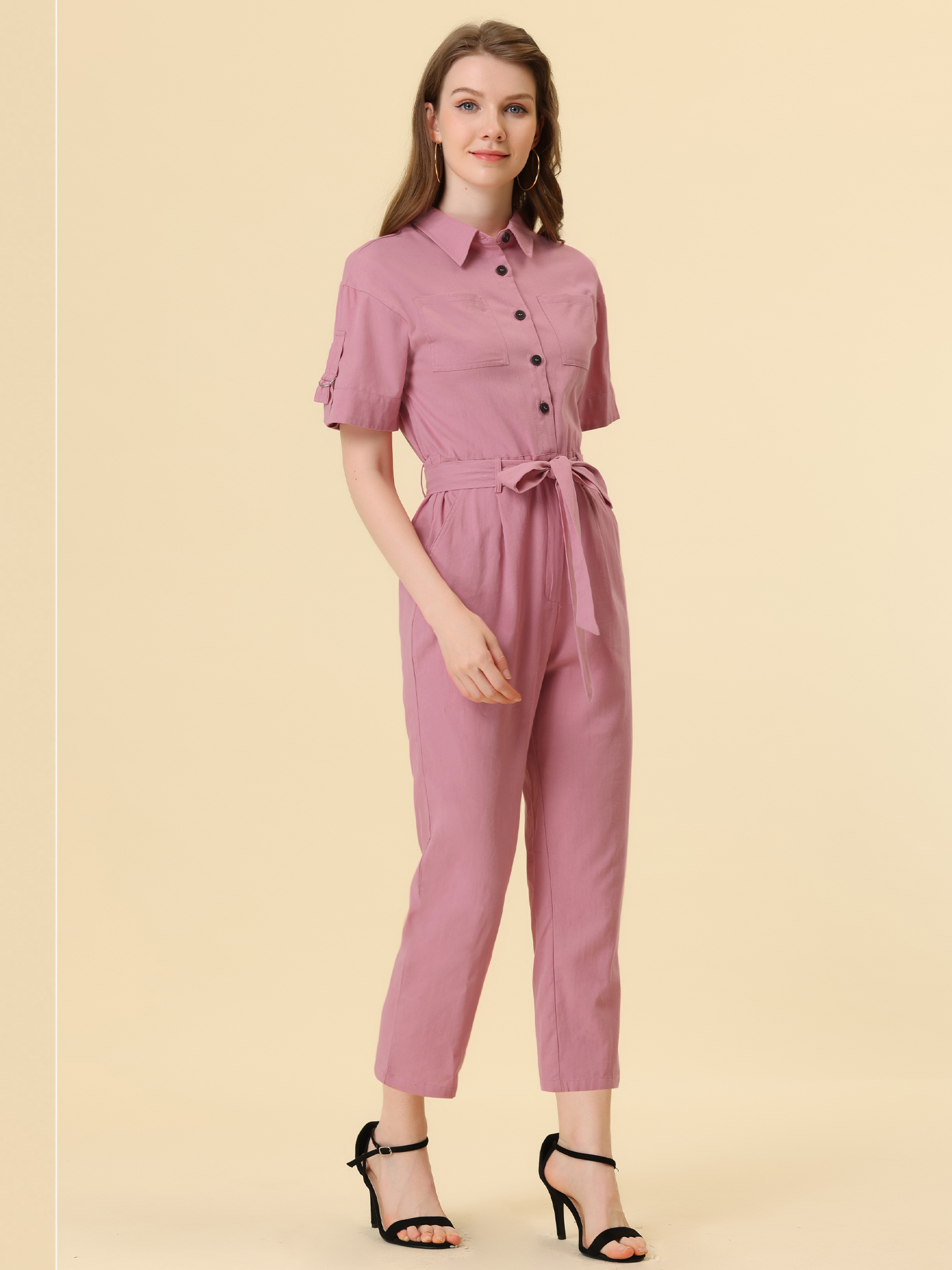 DARING DIVA Women's Button Up Tie Waist Jumpsuit with Pockets L Pink