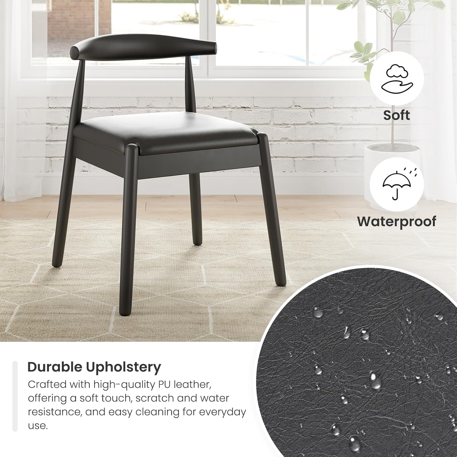 Farini Mid-Century Dining Chairs Set of 2, Solid Wood Frame & PU Leather Upholstered Seats, Black
