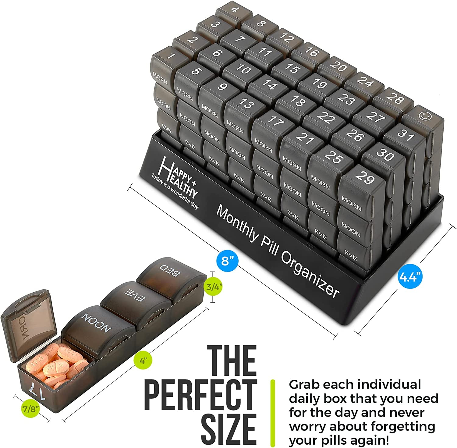 MEDca Monthly Pill Organizer - 4 Times Daily, 32 Large Pill Cases