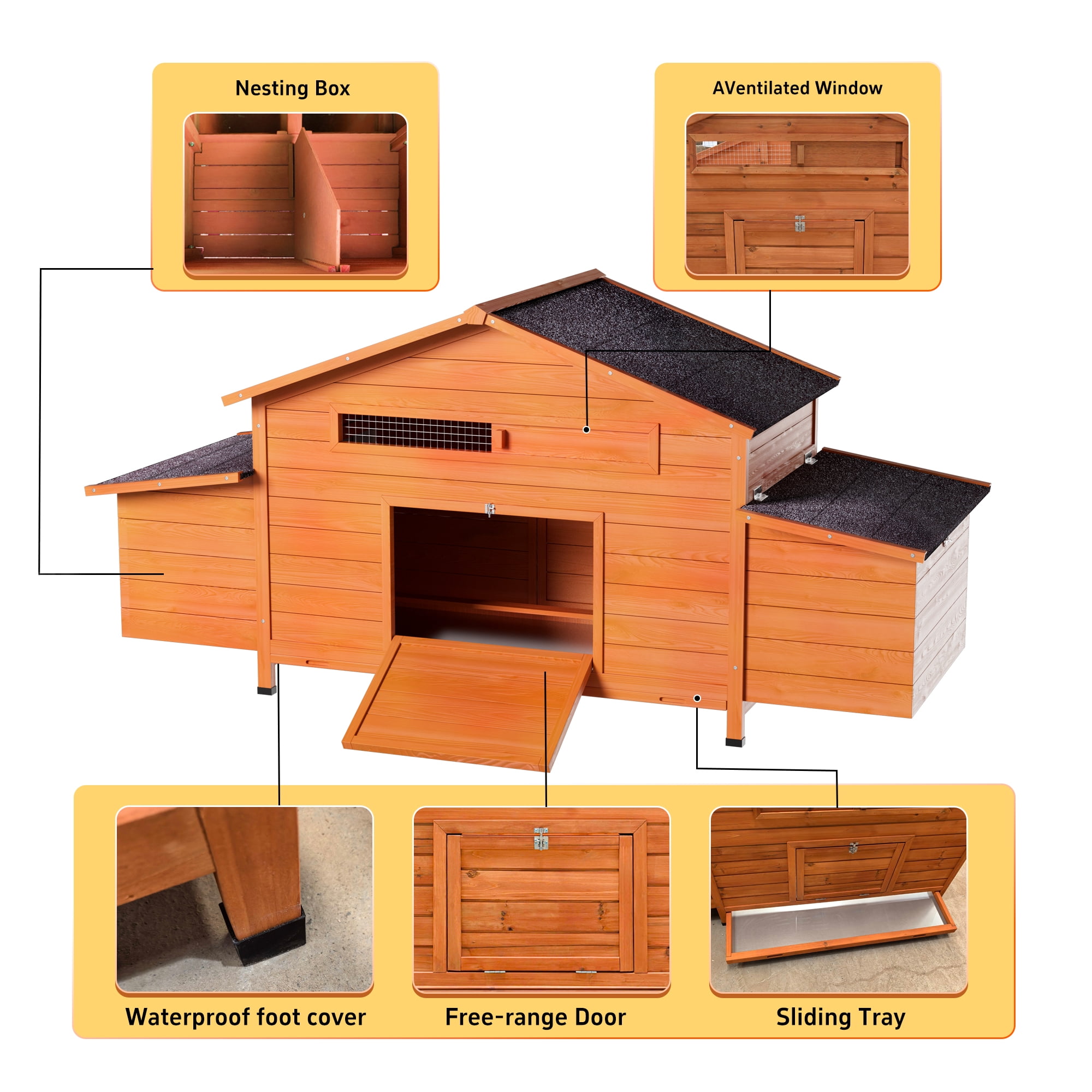Large Wooden Chicken Coop with Nesting Box, Waterproof Roof, Secure Lock, Ventilated Hen House with Perch & Pull-Out Tray for Easy Cleaning