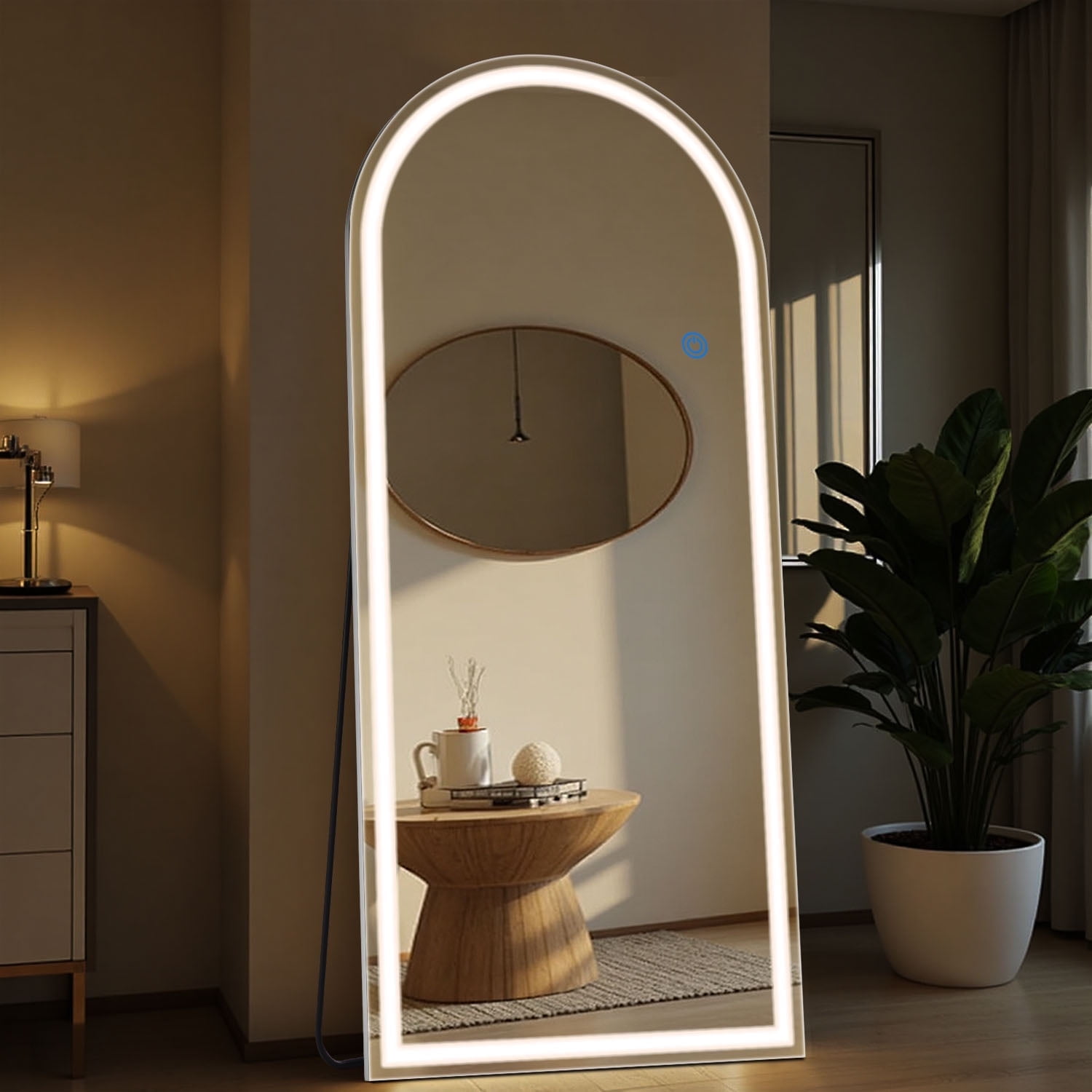 64x21 Inch Arched Full Length LED Mirror With Lights – Wall Mount Or Standing Floor Mirror With 3 Color Dimmable Lighting For Bedroom & Dressing Room