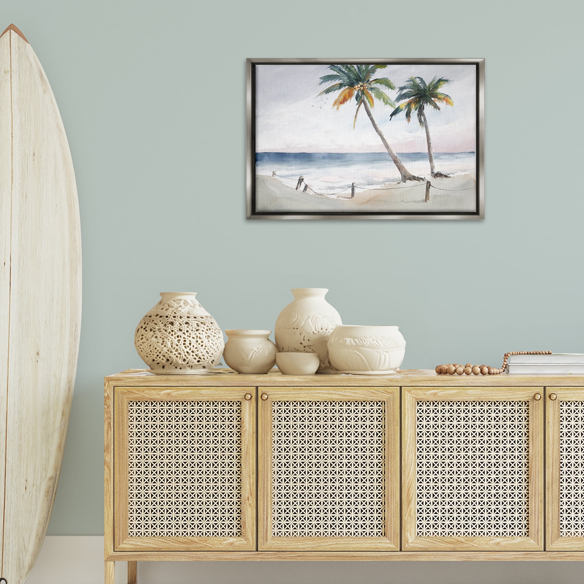 Stupell Industries Two Palms Serene Coast Nautical & Beach Painting Gray Floater Framed Canvas Art Print Wall Art, 31 x 21