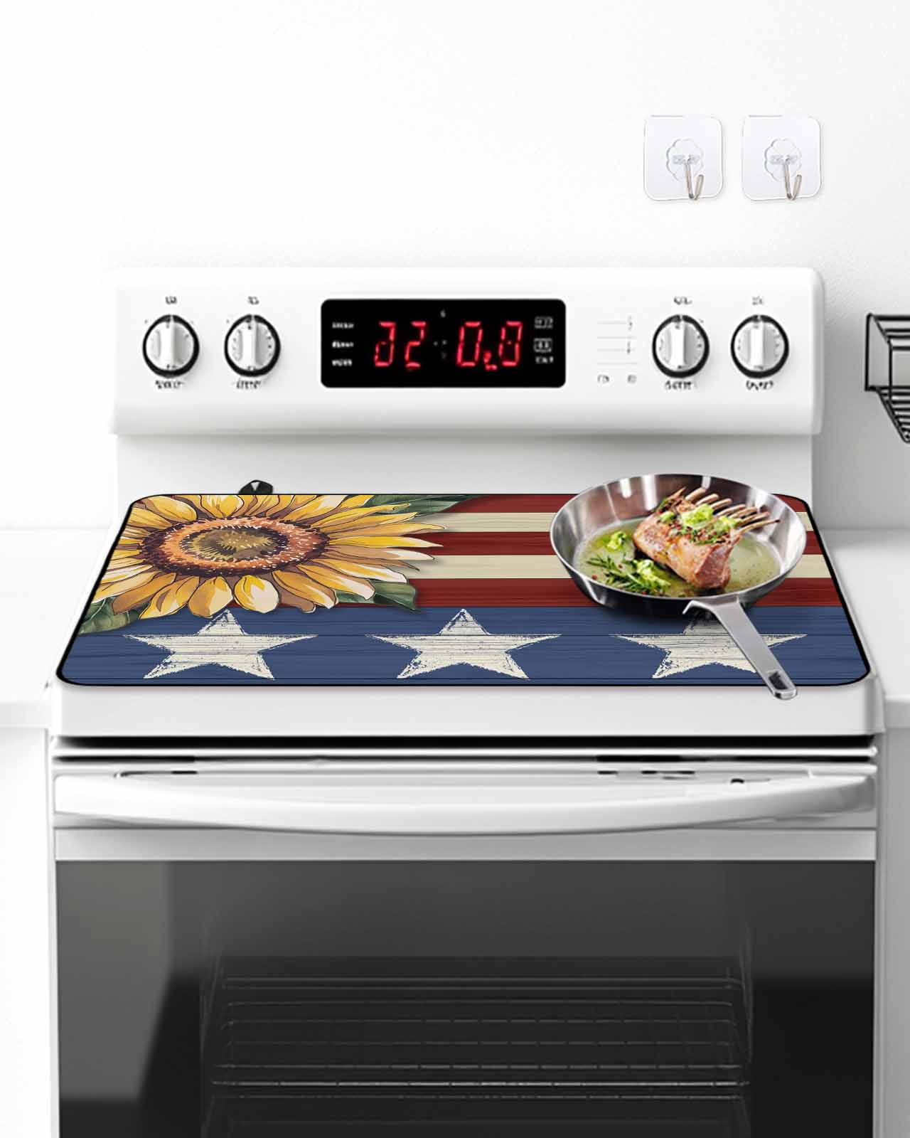 Stove Top Covers for Electric Stove, Sunflower America Flag Glass Stovetop Cover Protector, Farmhouse Retro US Flag Induction Cooktop Protector Oven Mat for Kitchen Countertop 24"x21"
