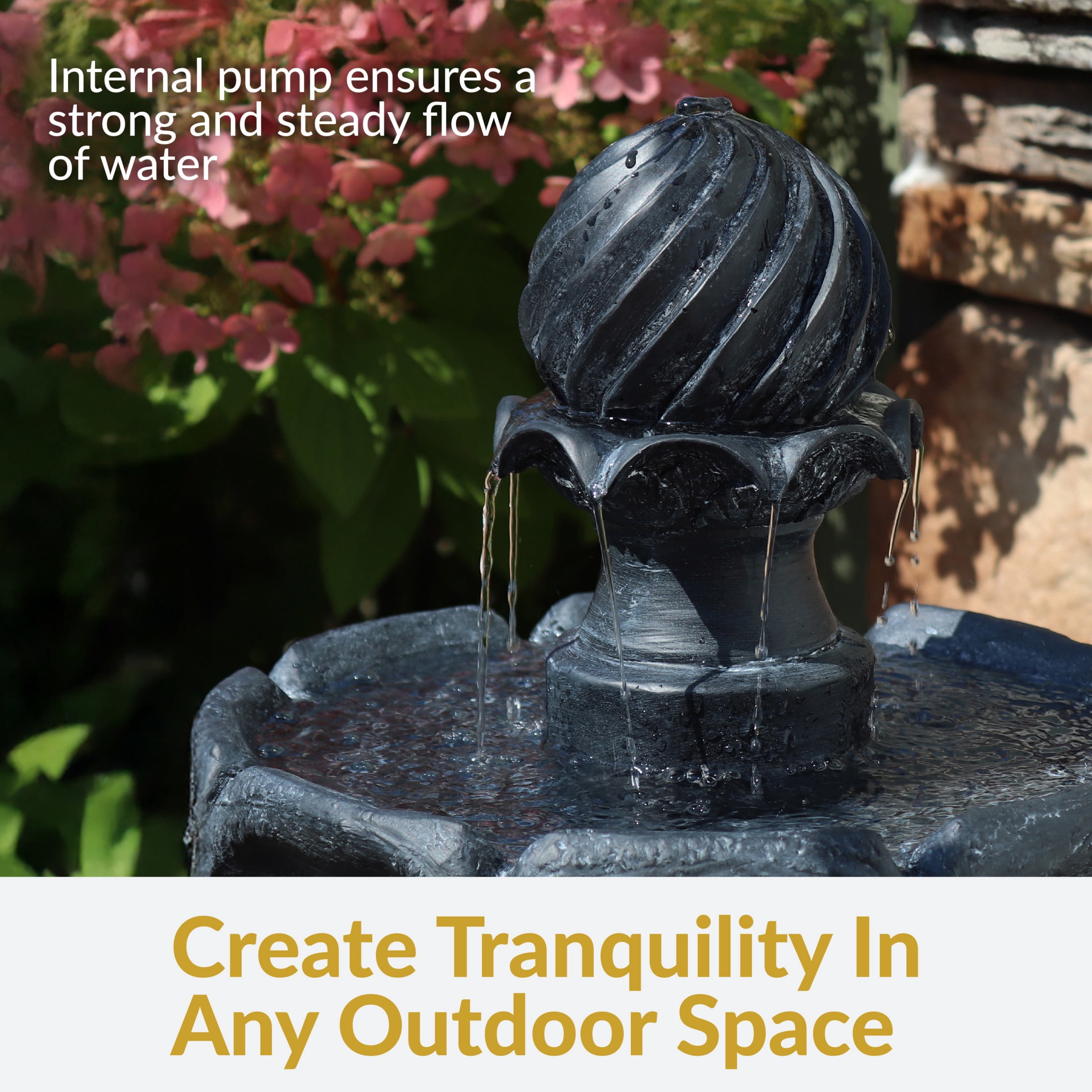 Sunnydaze Arcade Black Polyresin 2-Tier Solar Fountain with Battery