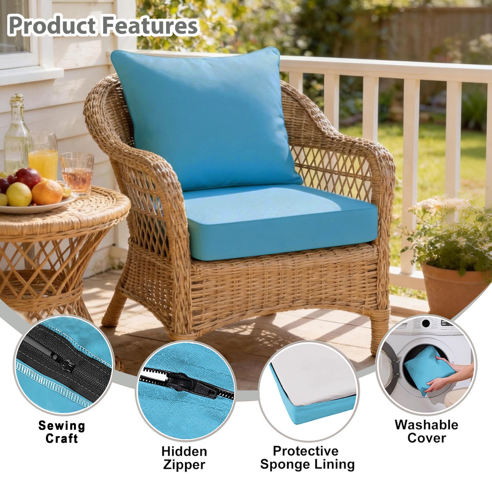 All Smiles Patio Furniture Replacement Chair Cushion Covers Set of 4 for Waterproof Resistant Covers for Seat Yard Garden Deck，24 x 20 Inch, 24 x 24 x 4 Inch，SkyBlue