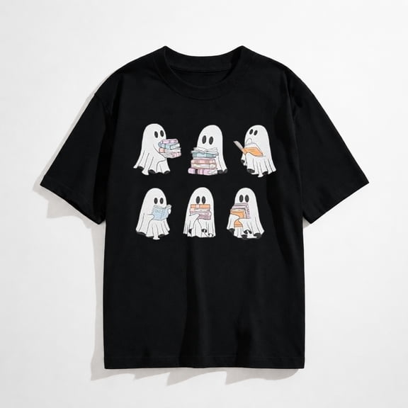 Women's Ghost Grid Halloween Graphic T-Shirt, Cute Spooky Short Sleeve Tee