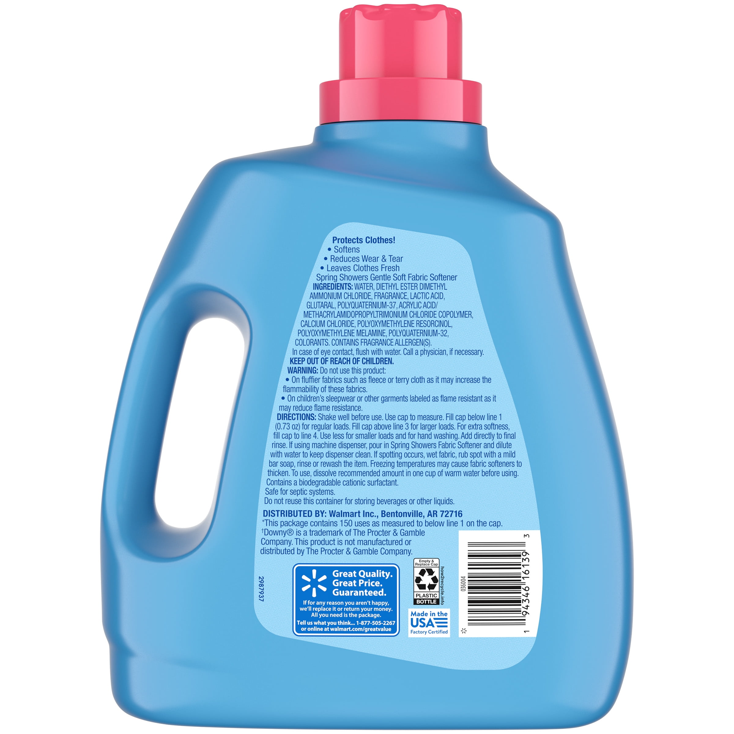 Great Value Gentle Soft Fabric Softener, Spring Showers, 111 fl oz, 150 Loads, Compare to the Softening of Downy®