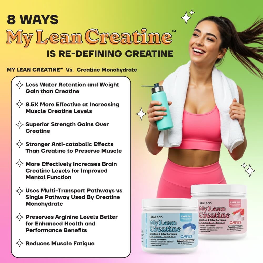 Fit & Lean My Lean Creatine Chewable Tablets, Creatine Monohydrate with GAA, Muscle Performance, Cognitive Function, Reduced Water Retention, Watermelon, 120 Count, 30 Servings