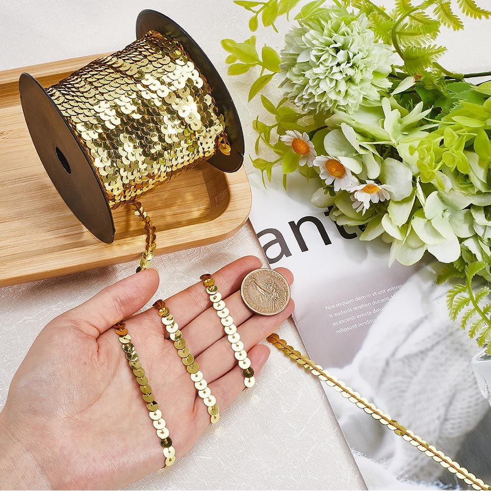 2 Rolls 200 Yards Gold Sequin Trim Sequins Beaded Strip Trimmig Ribbon Flat Spangle Metallic Glitter Paillette String Bulk Roll for Clothes Dresses Costume Craft Diy Home Decor Yellow DIY