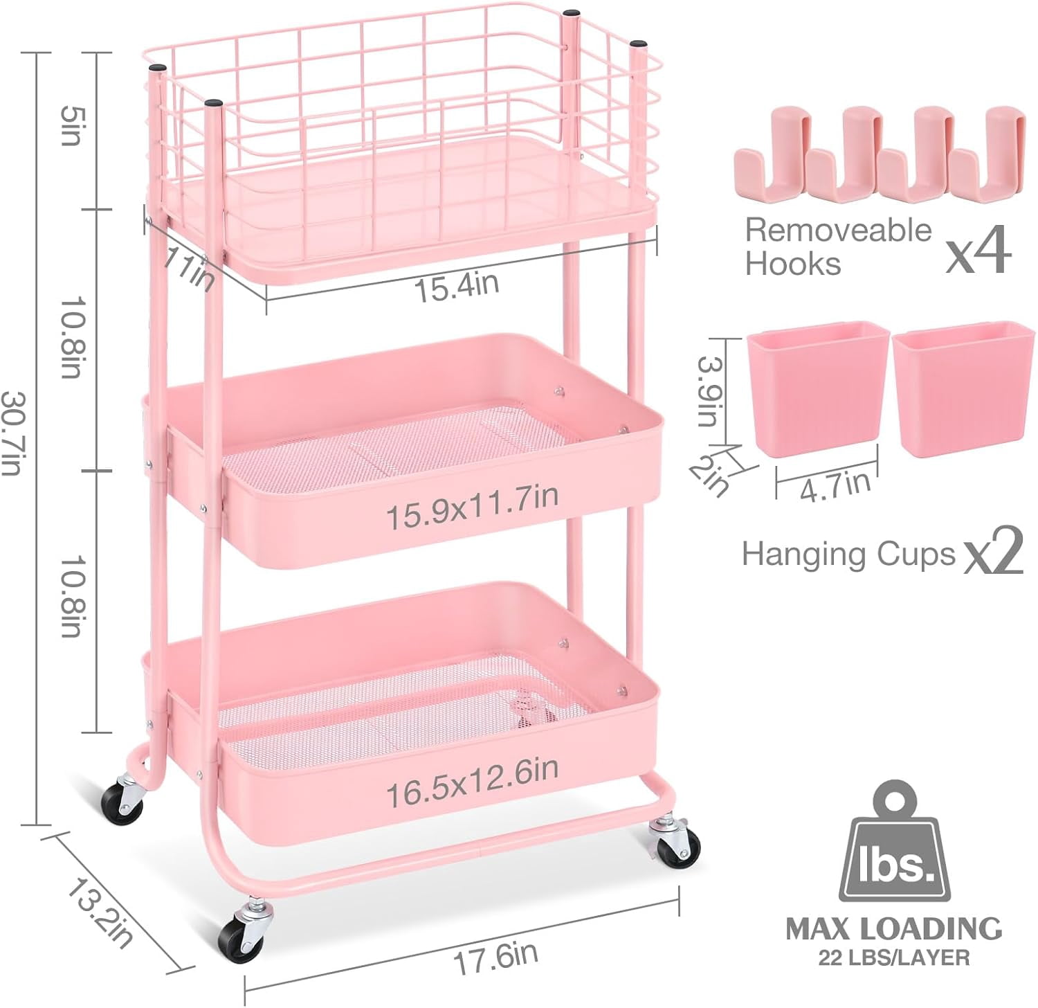 3 Tier Utility Rolling Cart, Metal Storage Cart with Lockable Wheels, Multifunctional Storage Organizer Trolley with Mesh Baskets for Kitchen, Living Room, Office, Bathroom, Garage, Pink