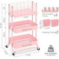 thumbnail image 2 of 3 Tier Utility Rolling Cart, Metal Storage Cart with Lockable Wheels, Multifunctional Storage Organizer Trolley with Mesh Baskets for Kitchen, Living Room, Office, Bathroom, Garage, Pink, 2 of 18
