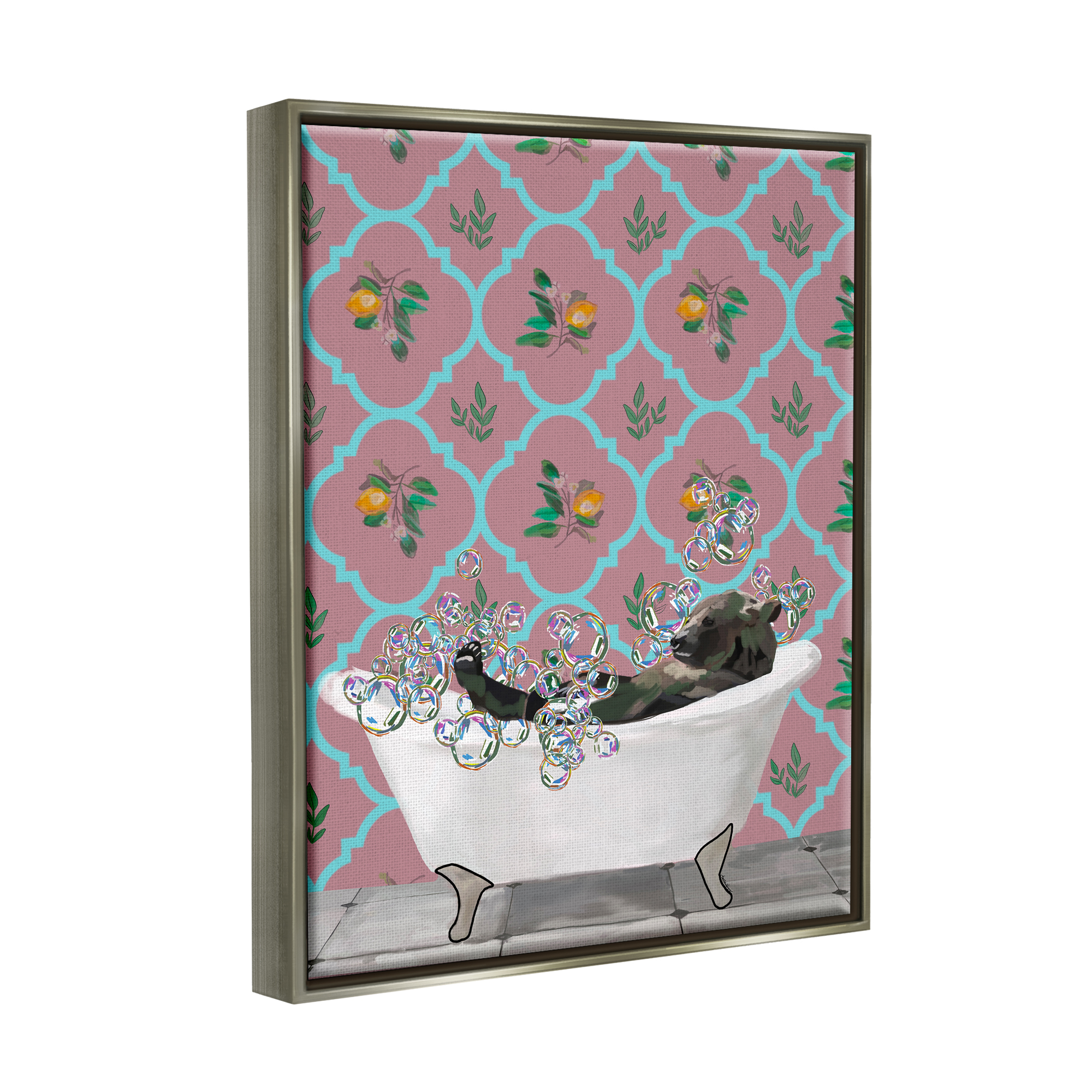 Stupell Industries Bear with Bathtub Bubbles Animals & Insects Painting Gray Floater Framed Art Print Wall Art, 25 x 31