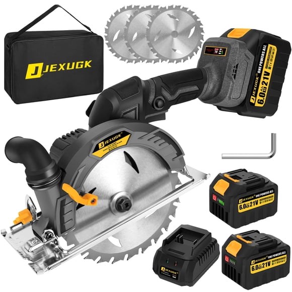 JEXUGK 6-1/2" Circular Saw, Cordless Sierra Circular Inalambrica with 2 x 6.0AH Battery,Brushless Electric Power Circle Saw with 3 Blade Cutting Prec