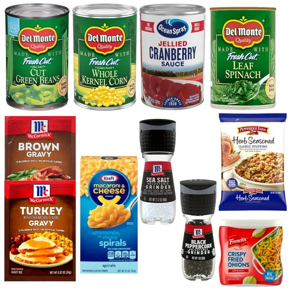 Holiday Gift Set, Includes ( Green Beans, Corn, Stuffing, Cranberry Sauce, Fried Onions, Gravy Mix, Spinach, Seasoning, Mac N Cheese) Total of 11 Items