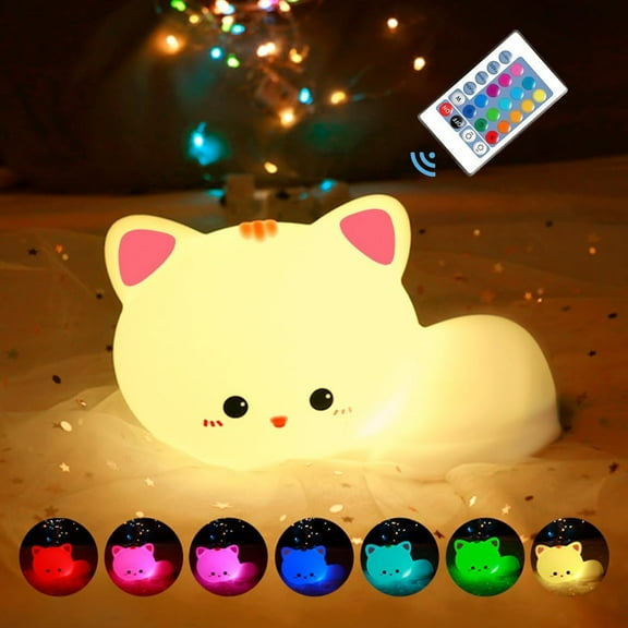MYKOMI Led Cute Cat Night Light, 16 Colors Dimmable Nursery Kawaii Nightlight, Super Squishy Silicone USB Rechargeable Remote Control Night Lamp for Kids Adults, Used for Camping Party Room Decor