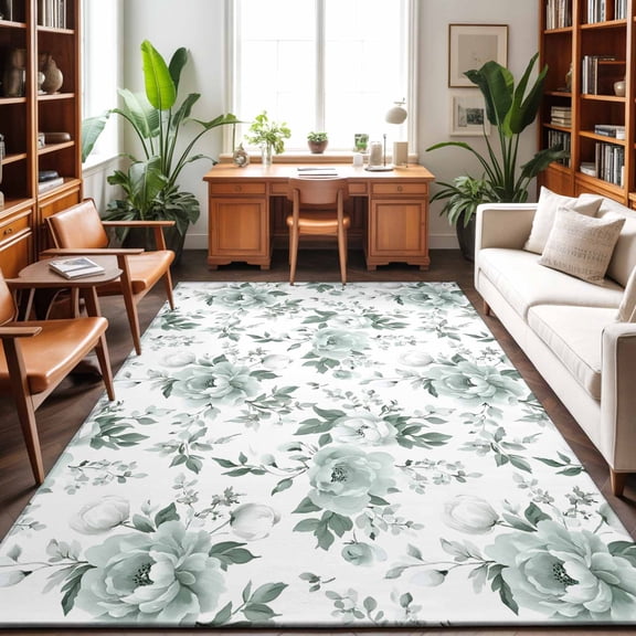 Area Rugs 3'x5', Teal Spring Floral Carpet Runner Indoor Outdoor Rugs Home Decor Aesthetic, Pastoral Flowers Watercolor Non Slip Mats Washable Accent Rug for Living Room Bedroom