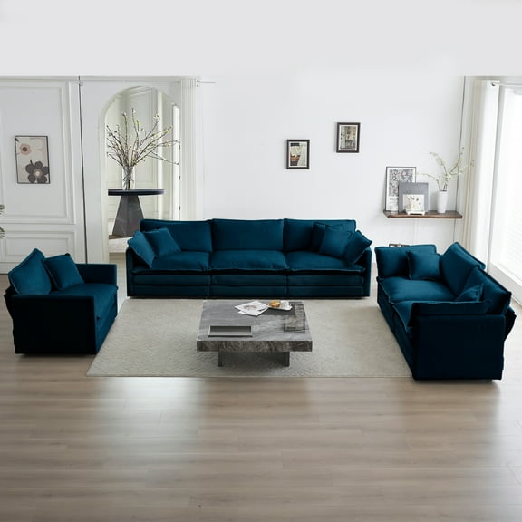 Modern 3Piece Sofa Set Extra Deep Seat Sectional for Living Room Oversized Sofa Loveseat Single Sofa Blue Chenille